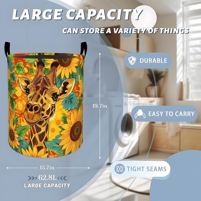 Cute Giraffe Surrounded by Sunflowers Laundry Basket