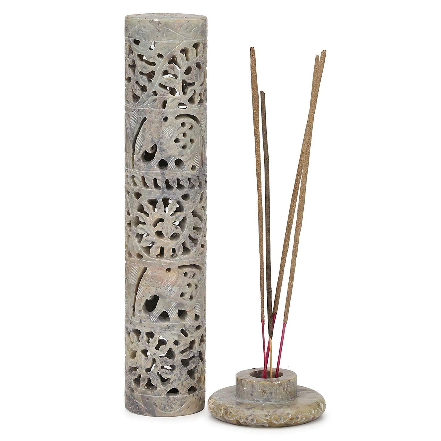 Carry Me Marble Soapstone Incense Stick Holder | Candle Burner | Tea Light Holder - Perfect Handmade Elephant Carving for Gifting. Decorative Home and Office Decor.(3 x 3 x 10.5 Inches)