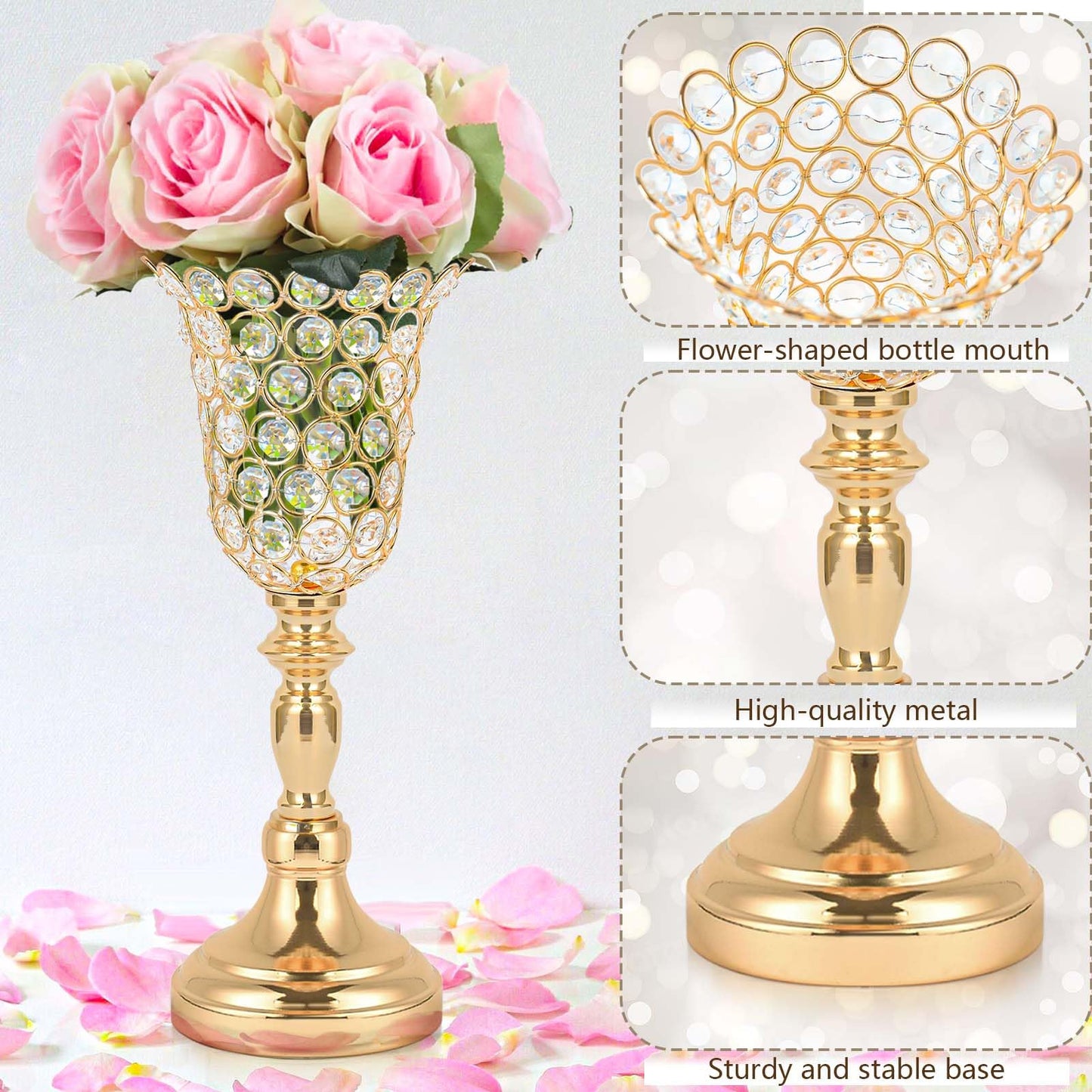 Kehail 6pcs Elegant Crystal Trumpet Metal Centerpiece Vases, Wedding Table Decoration Flower Stand Tulip Shape Decor Artificial Flower Arrangement Vase for Wedding Restaurant Vase Home Decor (Gold)