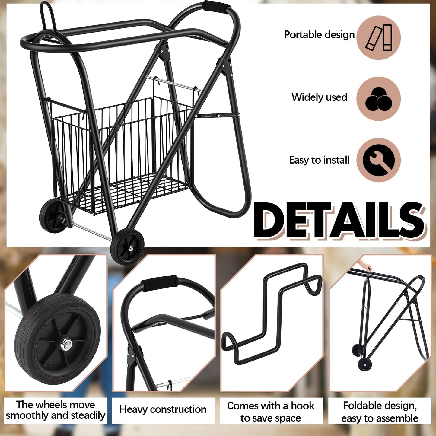 Kritkin Horse Saddle Tack Cart with Wheels, Rolling Iron Heavy Duty Trailer Organizer with Hooks Foldable Horse Cinch Equipments Stable Storage Tool for Saddle Moving Transport Organizer Supplies