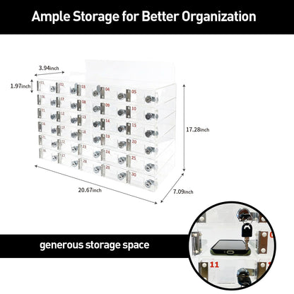 automoris 30-Slot Lockable Phone Locker, Heavy-Duty Acrylic Cell Phone Storage Cabinet with Cell Phone Locker Box for Medium Office, Factory, Secure Organization Box with Keys Gym Swimming Pool