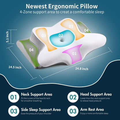 Cervical Neck Pillow for Pain Relief, Ergonomic Pillow for Sleeping, Contour Memory Foam Pillows for Shoulder Pain, Orthopedic Bed Pillows Neck Support for Side Back Stomach Sleepers with Pillowcase