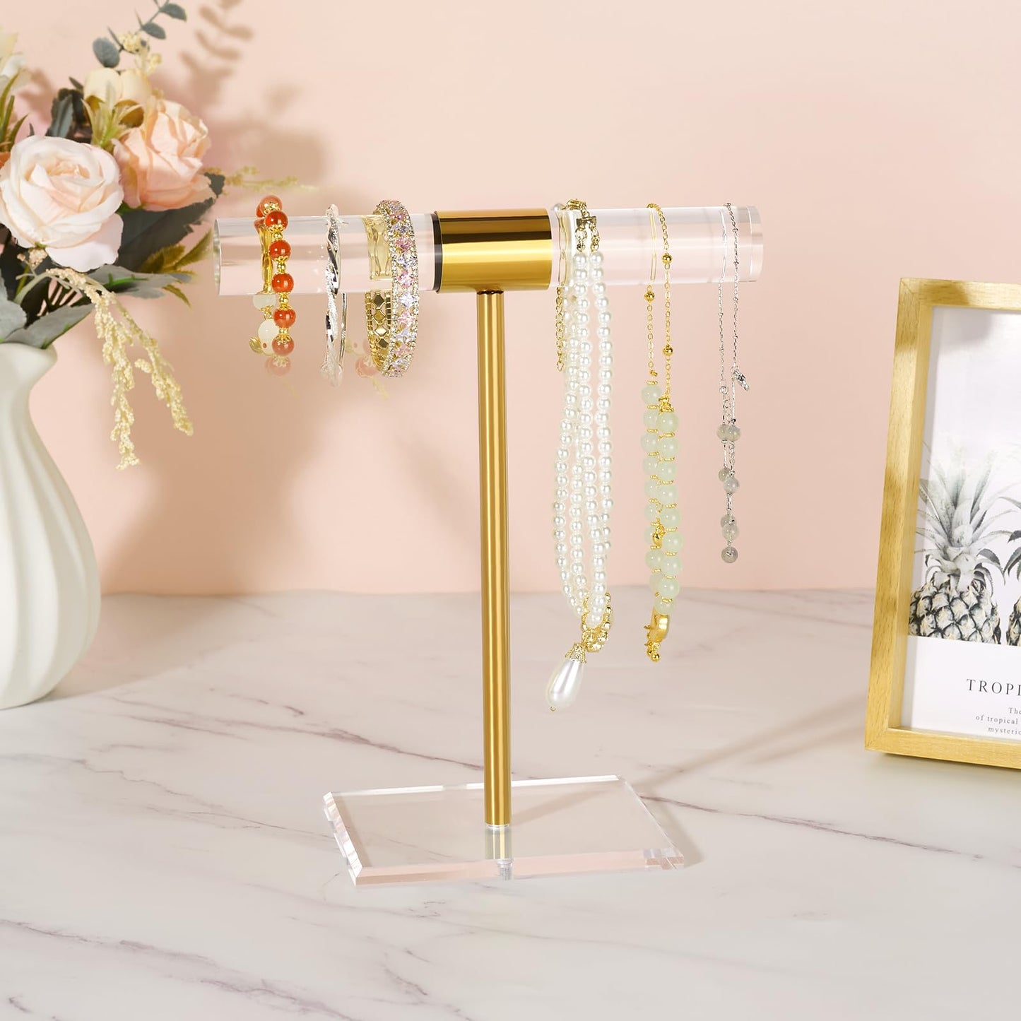 Jolboldy Necklace Holder Bracelet Holder, Gold Acrylic Jewelry Display Stand Crystal T Bar Jewelry Organizer Gift for Women(1-Tier 1pc)