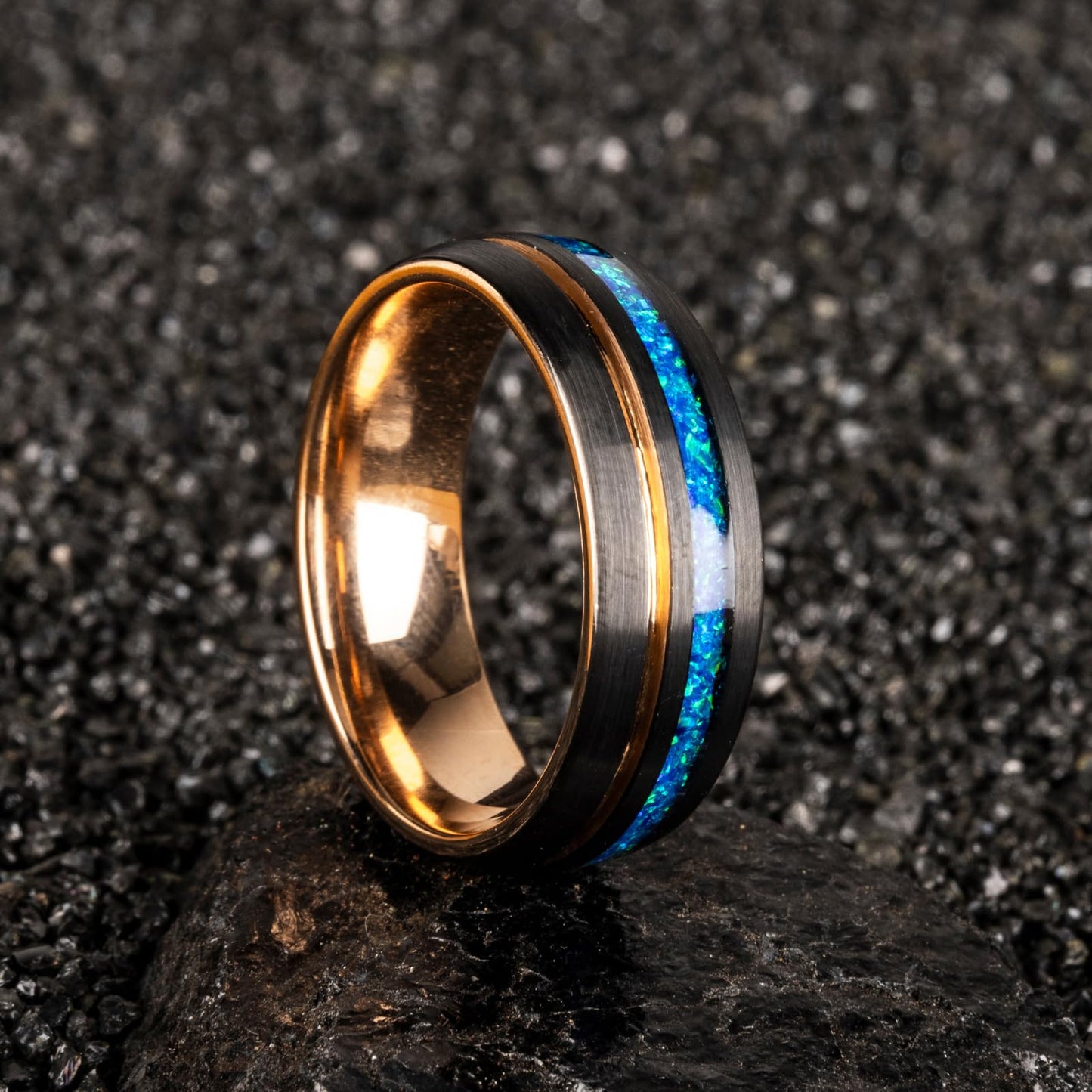 JEWPER 8mm Men Womens Wedding Band Tungsten Rings Black Blue rose gold Fashion Promise Carbide outer ring Inlaid Opal groove design Matte Finish Edge Comfort Fit Size(7)