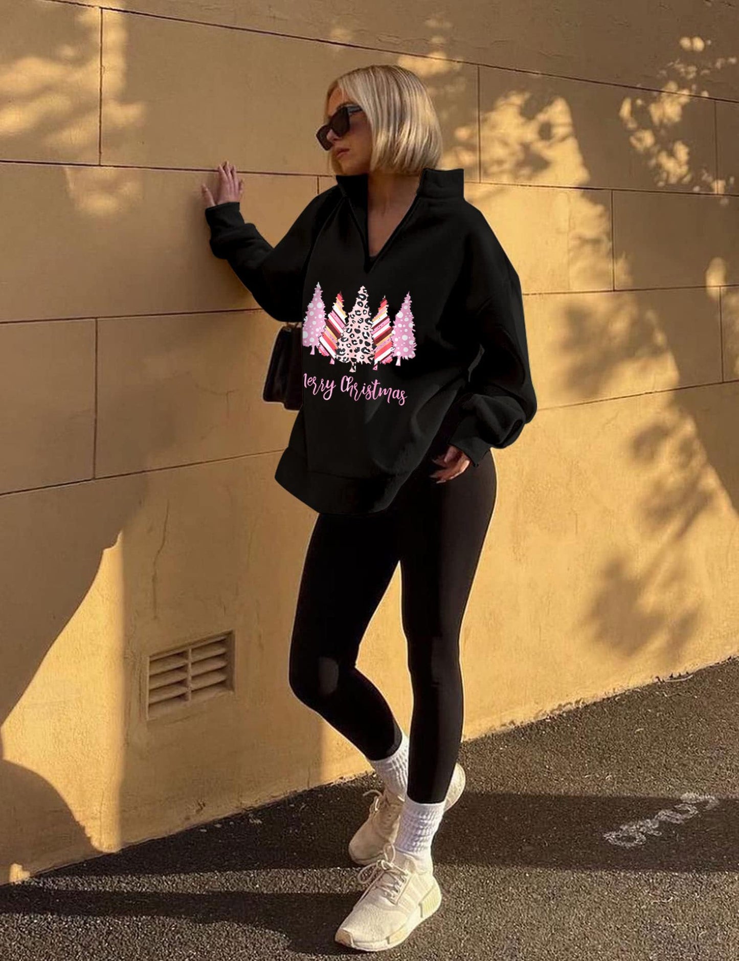 Christmas Sweatshirts for Women - Half Zip & Quarter Zip Pullover Oversized Long Sleeve Tops - Pink & Black Merry Christmas Trees V Neck Outfits - Teen Girls Fall Fashion Y2K Clothes