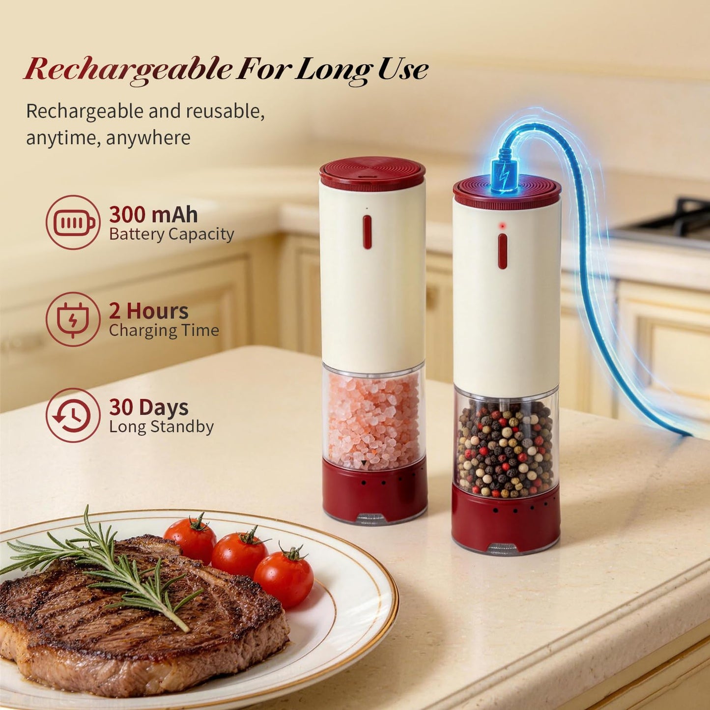 Electric Salt and Pepper Grinder Set Automatic Rechargeable Salt and Pepper Shakers Kitchen Appliances with Storage Base External Adjustable Coarseness & Upgraded Large Capacity for Mom Gifts-2 PCS