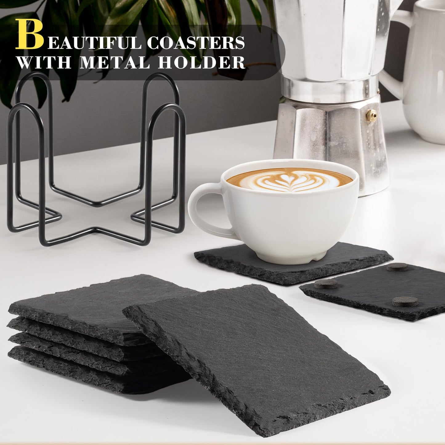 Slate Drink Coasters with Metal Holder, GOH DODD Set of 8 Black Coasters, 4 Inch Stone Coaster Set Tabletop Protection for Home Outdoor Kitchen Apartment Decor Housewarming Gifts Wedding Party, Square