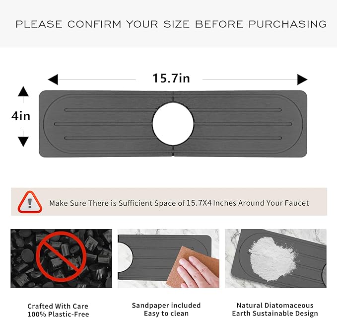 Stone Faucet Mat for Kitchen Sink, Diatomite Fast Drying Absorb Moisture Tray