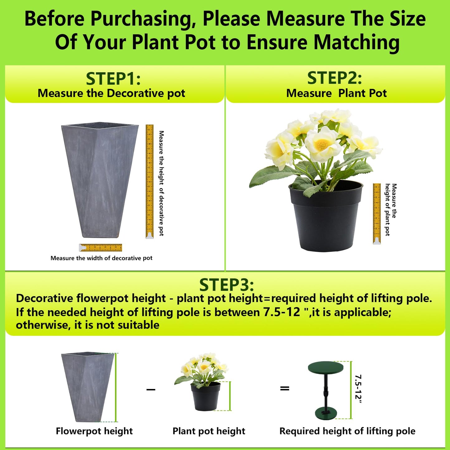 Axcoix Adjustable Height Plant Risers for Inside Pots, 7.5-12" Planter Inserts for Large Pots, Planter Lift Insert for Tall Square Round Taper Planters (6" 8" 10" Base or Top)