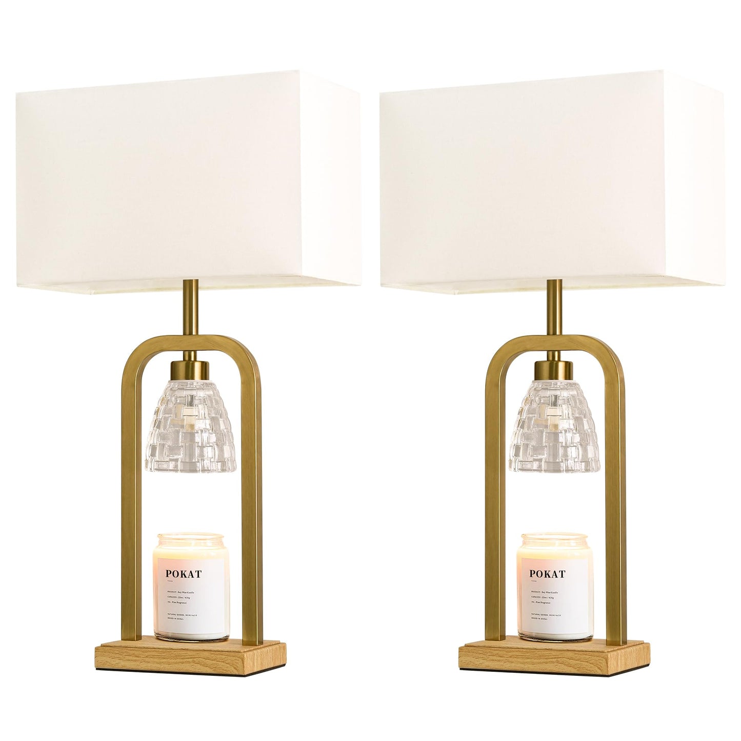 PoKat Electric Candle Warmer Lamps Gold, Lamp Candle Warmers with Timer Dimmer, Wax Light Warming Table Lamps Set of 2 for Jar Candles, Modern Bedside Lamp for Home Decor Living Room, Bulb Included