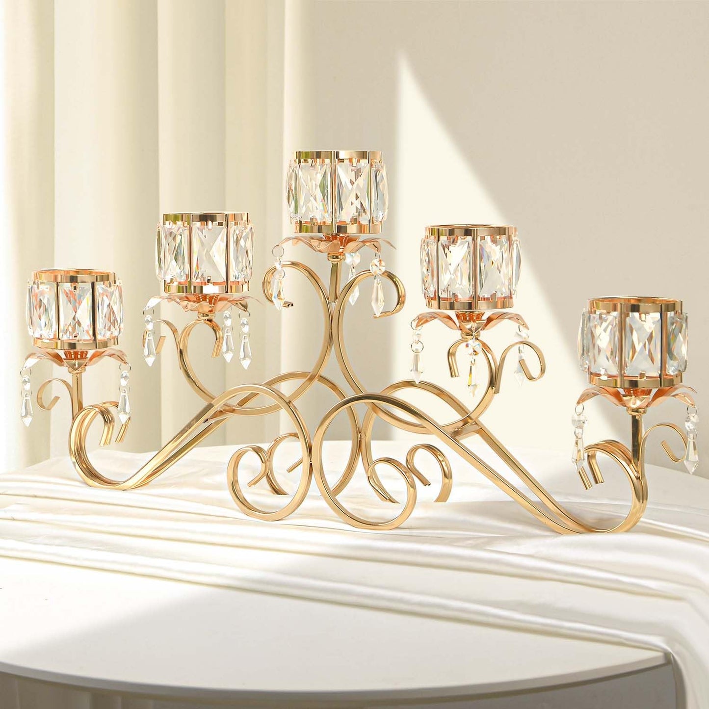 Kolnlala Large Elegant 5 Arms Crystal Bowl Tealight Candle Holder/Candelabra Crystal Votive, 5-arms Candlestick Holder for Table Centerpiece Wedding/Party Home Decor(Gold, 5-Arm)
