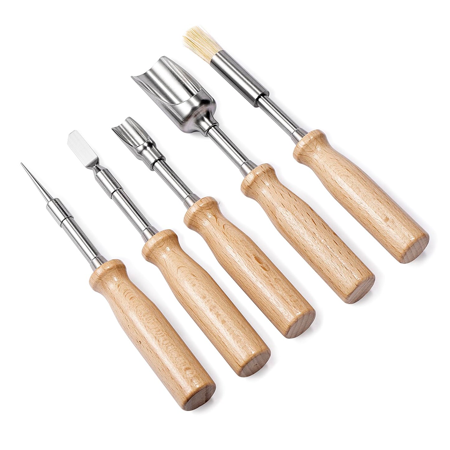 5Pcs tool kit including metal poker,scraper,mini scoop,large scoop,brush,crafted from SS304 with detachable wooden handles storage bag for versatile use sugar salt powder spices and cleaning