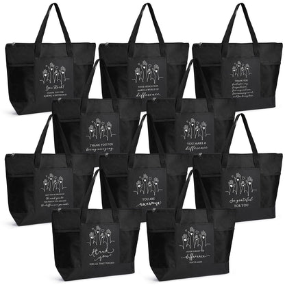 Paterr 10 Pcs Volunteer Appreciation Gifts Bulk Large Tote Bags with Zippered Mesh Pocket Inspirational Gift for Women Men(Black)