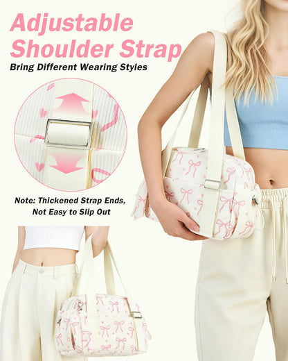 LOIDOU Mini Gym Bag for Women Girls, Small Corduroy Sports Duffel with Wet Pocket and Adjustable Strap, Cute Bow Workout Yoga Dance Tote, Travel Carrying Fits Shoes (Pink Bow-Beige)