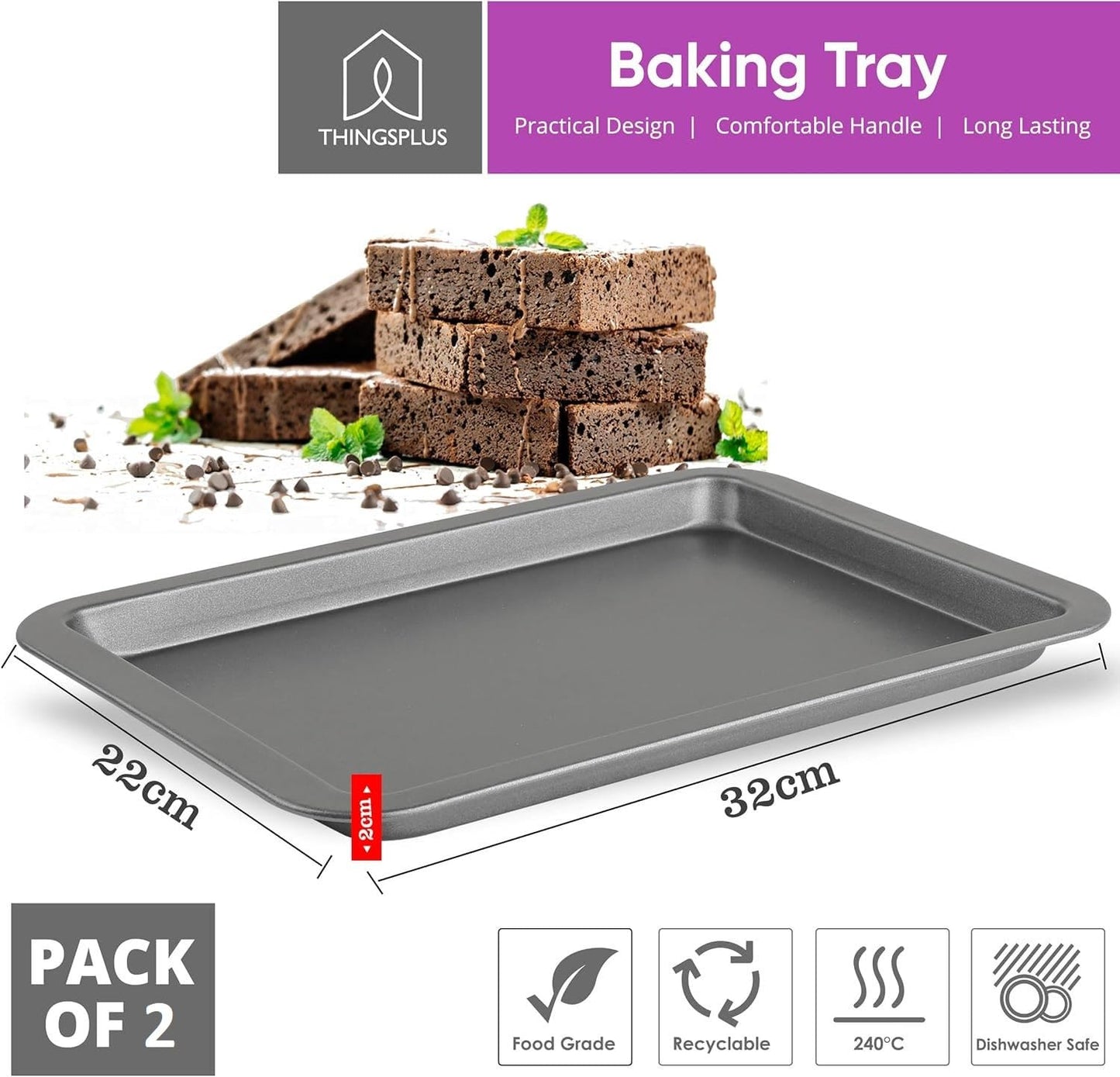 ThingsPlus Set of 2 Baking Trays for Oven Non Stick, Premium Carbon Steel Oven Trays Non Stick with Teflon Coating, Durable & Easy-Clean NonStick Baking Tray Set for Cookies & Savories (32x22x2cm)