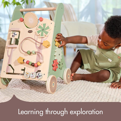 Tiny Love Wooden Baby Walker, Activity Walk Behind, 2-in-1 Activity Walker, 12 Interactive Activities, Supports Motor Skills, Cognitive Development, Comfortable Natural Design, 18+ Months, Boho Chic