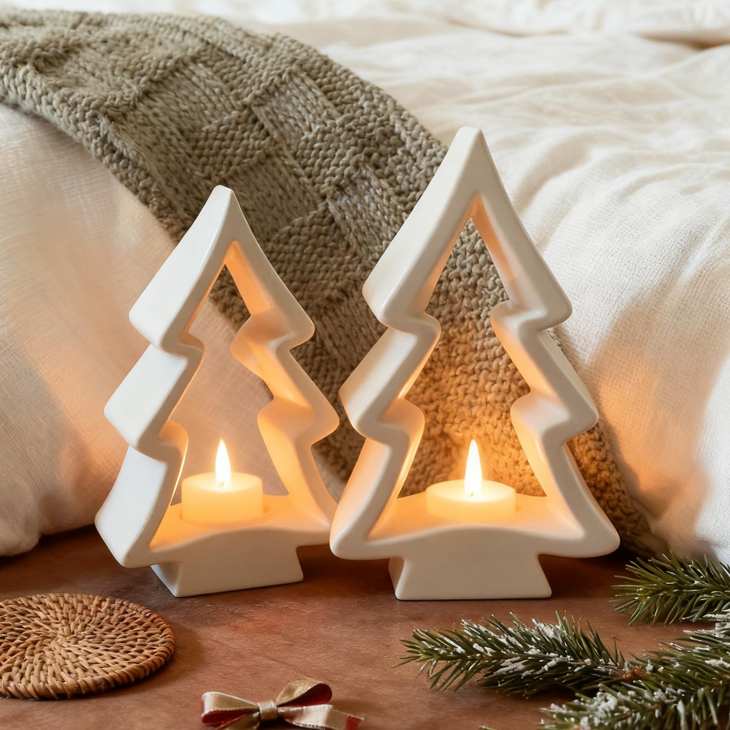 AceOrbit 2 Pcs Christmas Tree Candle Holders White Wooden Tealight Holders Wooden Farmhouse Rustic Candle Stick Xmas for Christmas Table Centerpiece Mantel Decor