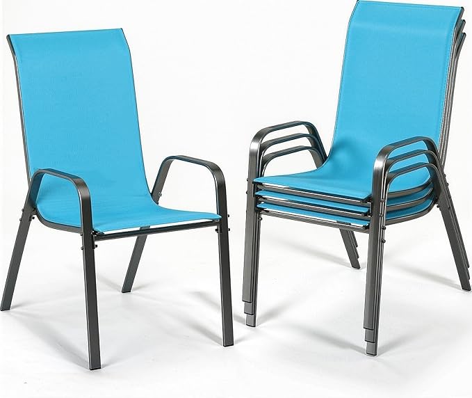 MAMIZO Patio Dining Chairs, Stackable All Weather Teslin Chair, Heavy Duty Outdoor Breathable Chairs Set, w/Armrests, Upgraded Chair FeetW/Strenthened Iron Spacers, 330 LBS (4, Turquoise Blue)