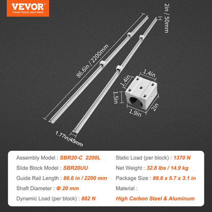 VEVOR Linear Rail, 2 PCS SBR 20-2200mm, Linear Guideway Rail, and 4 PCS SBR20UU Square Type Carriage Bearing Blocks, Linear Guide Rails for Automated Machines Equipments and DIY CNC Routers