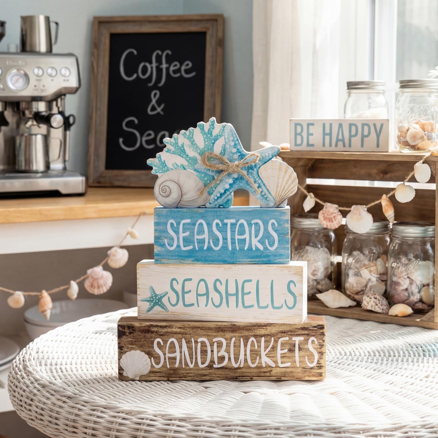 Beach Coastal Wooden Table Centerpieces Decorations for Home, Summer Ocean Blue and White Tabletop Signs Under the Sea Tiered Tray Sea Shell Party Decor for Mantel