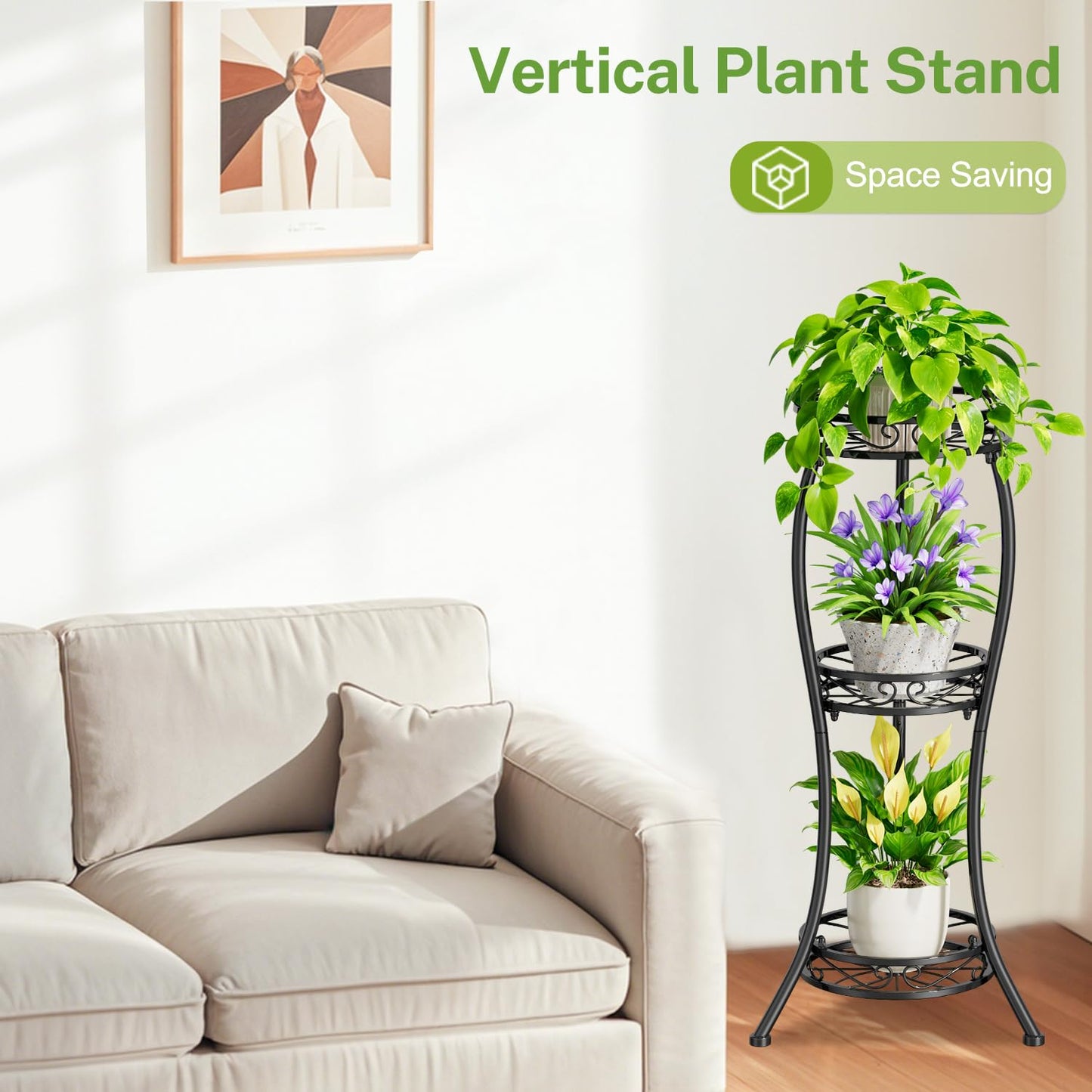 iDavosic.ly 3 Tier Tall Metal Plant Stand Indoor Outdoor, Wrought Iron Corner Flower Pot Holder Shelf, 34 Inch Vertical Display Rack for Patio Porch Living Room Garden, Black