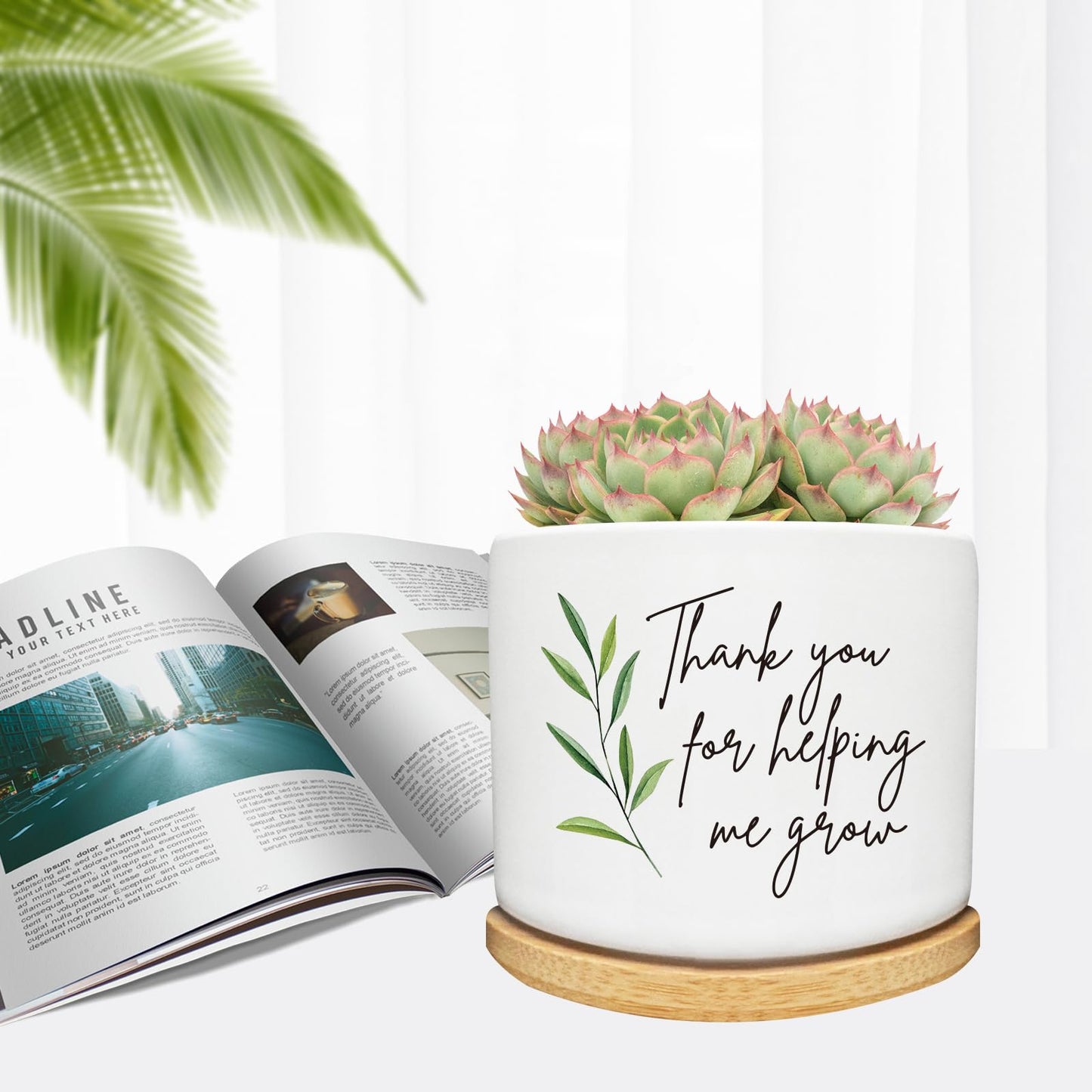 Arosedmo Thank You for Helping Me Grow Succulent Cactus Planter Pots with Bamboo Tray, Office Kitchen Home Windowsill Indoor Tabletop Decor, Gift for Friends Mom Teachers Plant Lovers
