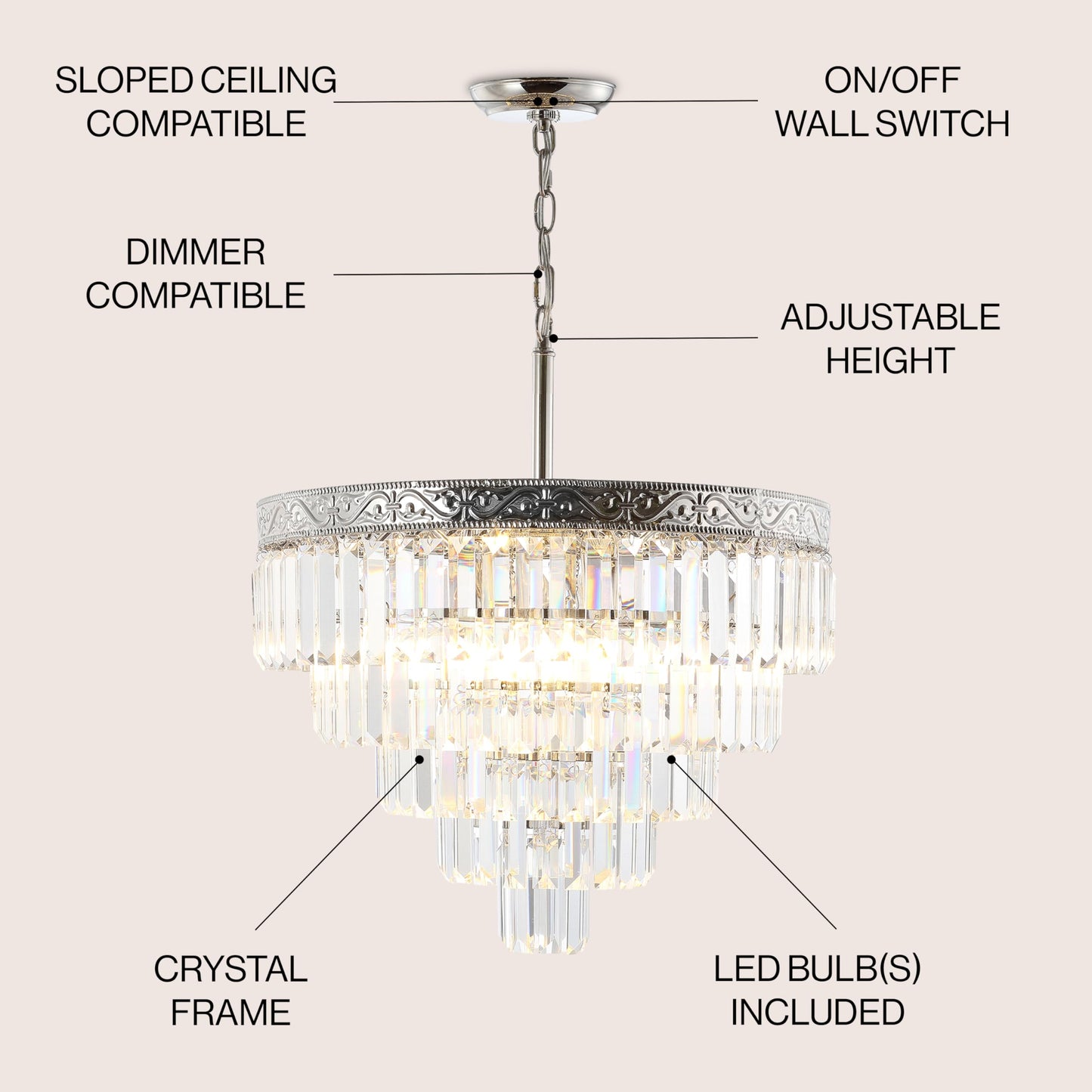 JONATHAN Y 20" Polished Nickel/Clear 4-Light LED Chandelier, Modern Tiered Pendant Light Fixture for Dining Room, Bedroom, Entryway with Clear Faceted Crystal Shade (JYL9007A)