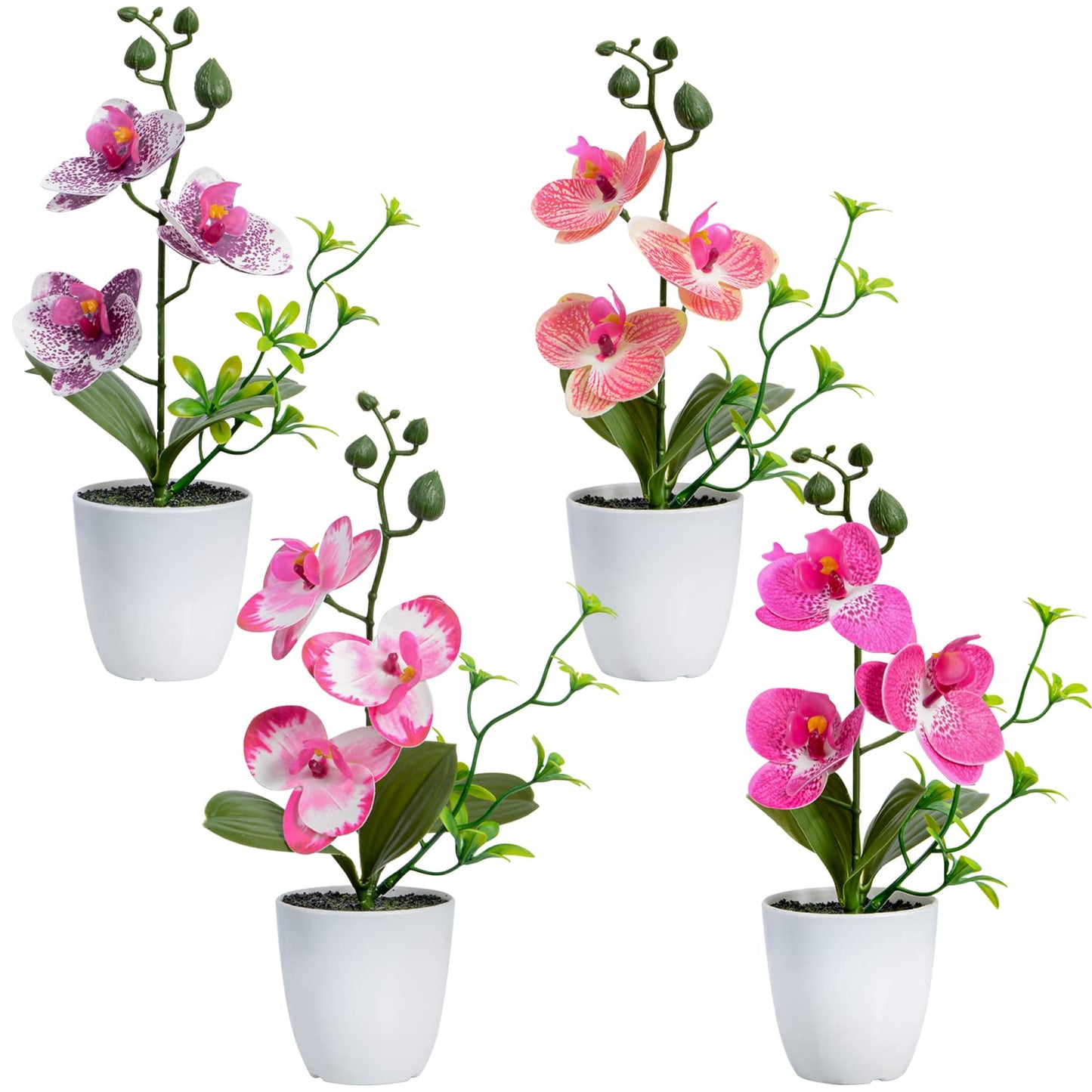 XONOR 4Pcs Artificial Orchid Flowers Mini Potted Orchid Flowers Fake Orchids with Plastic Vase for Home Office Wedding Table Centerpiece Decoration (Purple&Red)