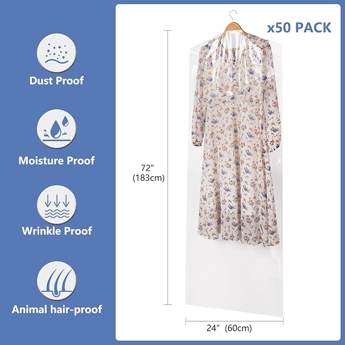50 Pack 72inch Extra Long Plastic Garment Bag Dust Proof Clear Plastic Clothes