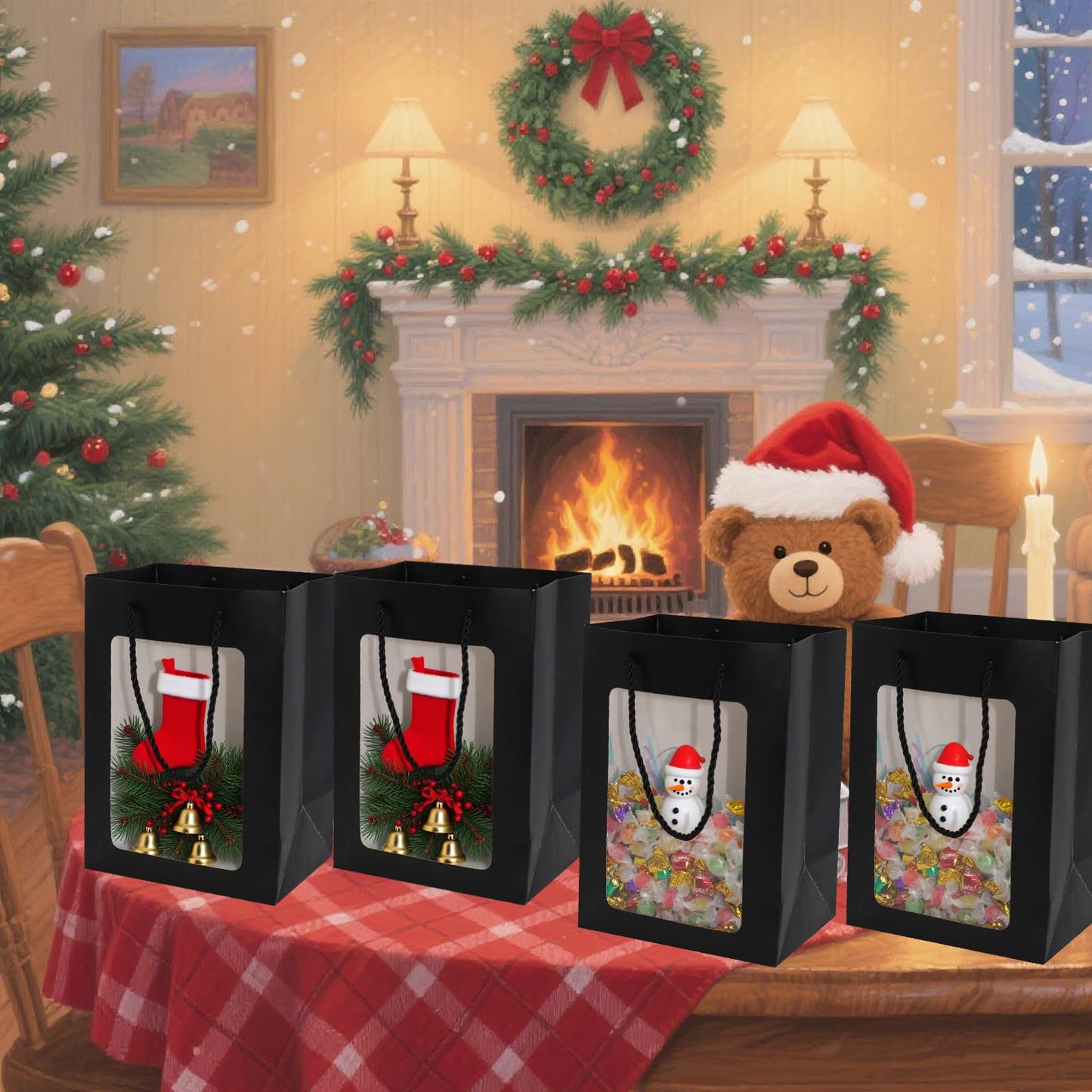 FUGOCOOG 12 Pcs Gift Kraft Paper Bags with Transparent Clear Window 9.8"x7"x5" Party Favor Bags with Handles for Shopping Business Christmas Birthdays Festivals Party Weddings Baby Shower (Black)