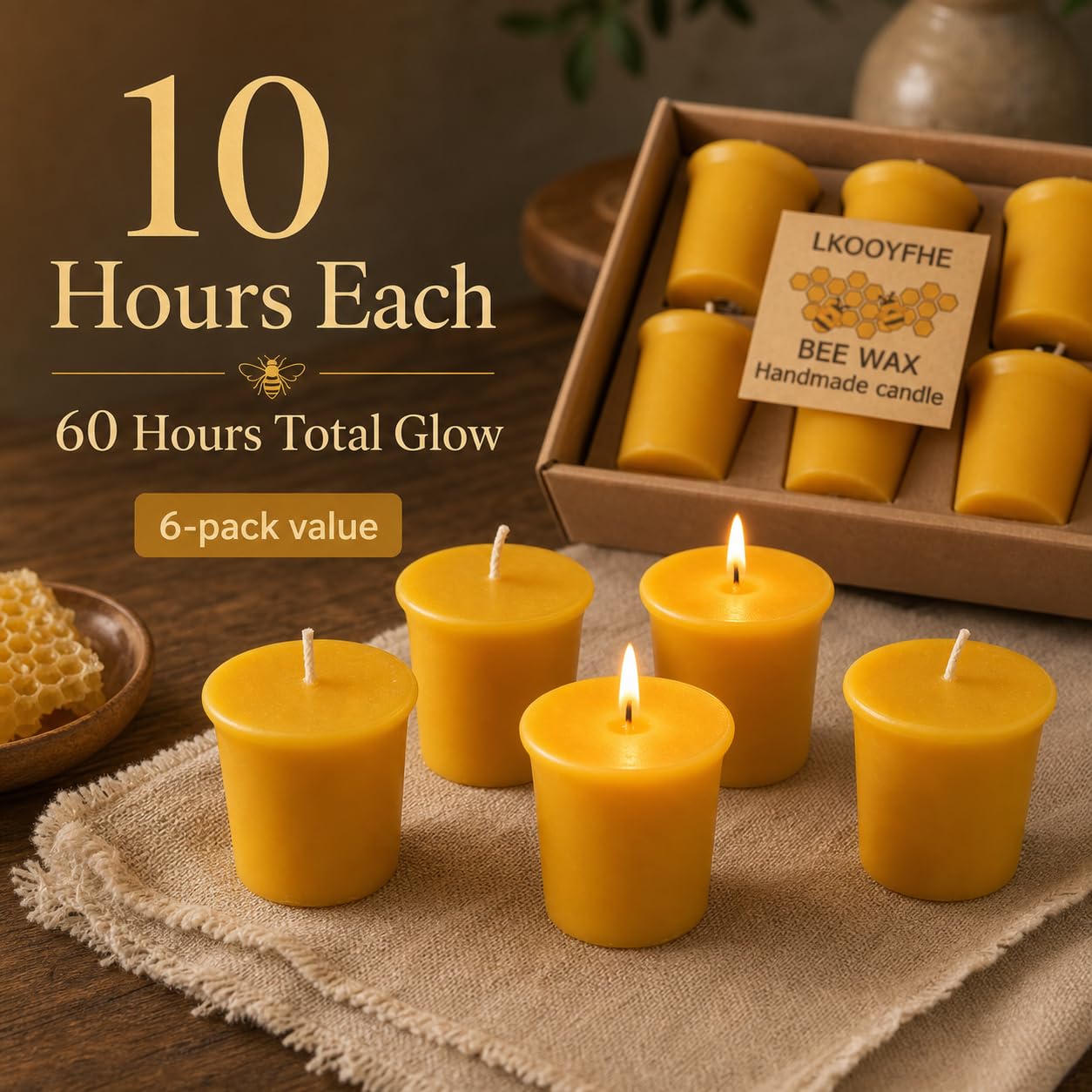 6 Pack Beeswax Votive Candles 2x2 Inch, 10-Hour Burn Time (60 Hrs Total), Smokeless & Unscented 100% Pure Natural Wax Candles for Prayer, Home Decor, Emergency & Weddings