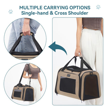 PETSFIT Dog Carrier Cat Carriers for Puppies, Medium Cats up to 25Lbs, Travel Soft Sided Pet Carrier (Large, Khaki)
