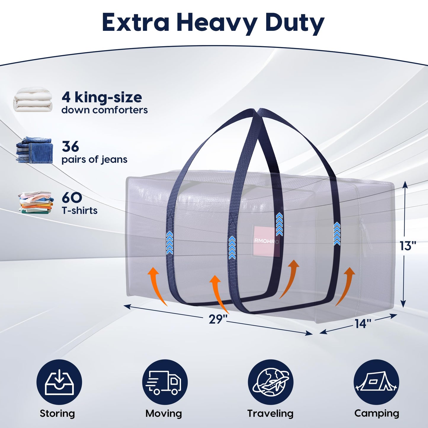 RMOHRO 6 Pack Moving Bags Heavy Duty 210GSM with Full-Open Side Zipper, 93L 220lbs Waterproof Foldable Storage Totes for College Dorm Move-In, Lidded Storage Bins., Blue