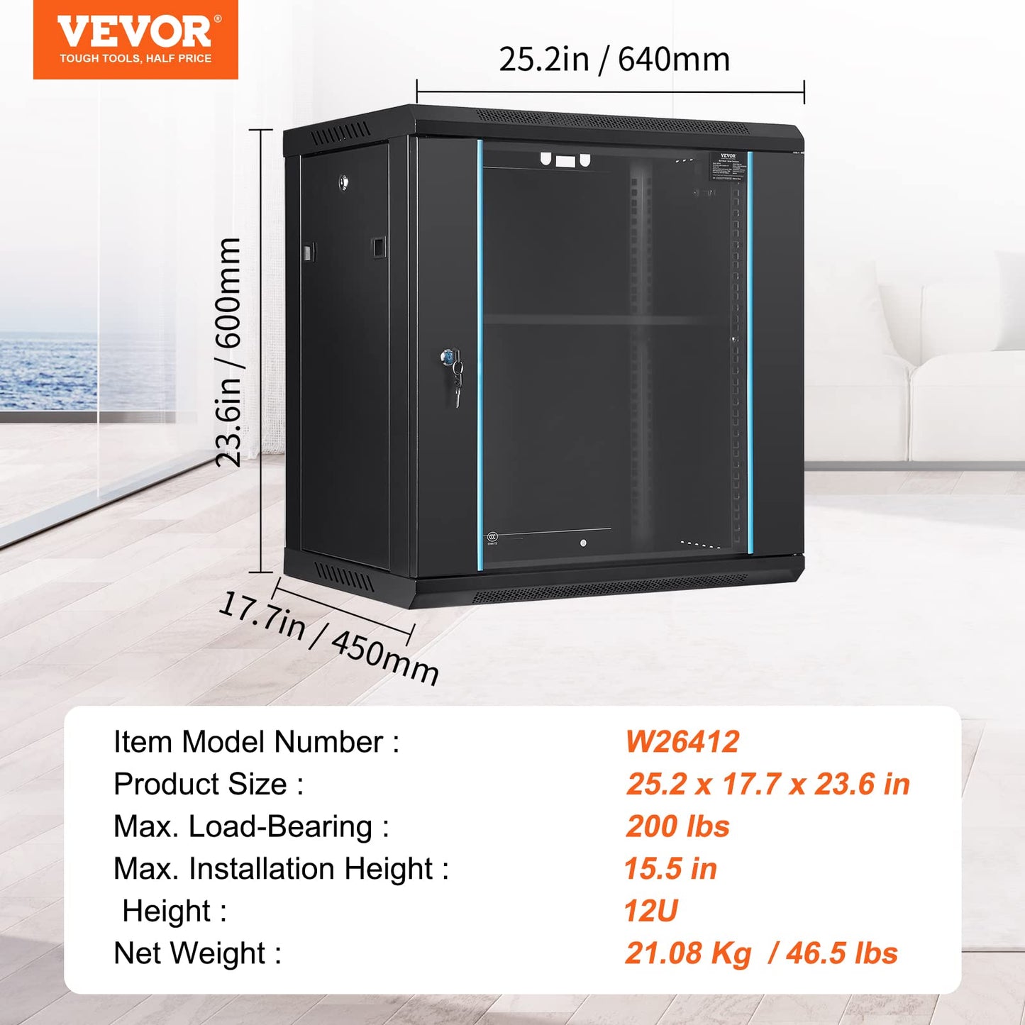 VEVOR 12U Wall Mount Network Cabinet, 15.5'' Deep Server Rack Cabinet Enclosure, 200 lbs Max. Ground-Mounted Load Capacity, with Locking Glass Door Side Panels, for IT Equipment, A/V Devices