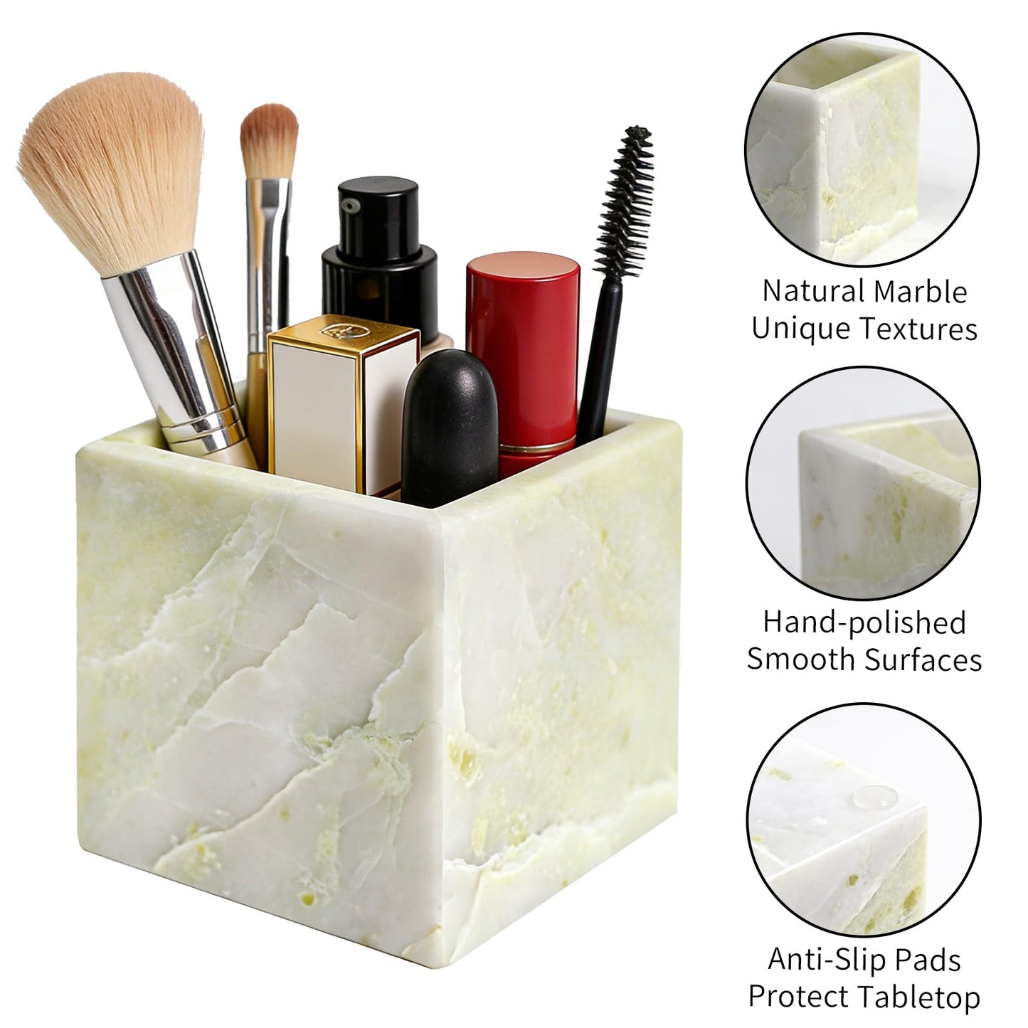 Natural Marble Makeup Brush Holder for Vanity, Toothbrush Holder for Bathroom, Luxurious Countertop Organizer, Green Bathroom Accessories Square