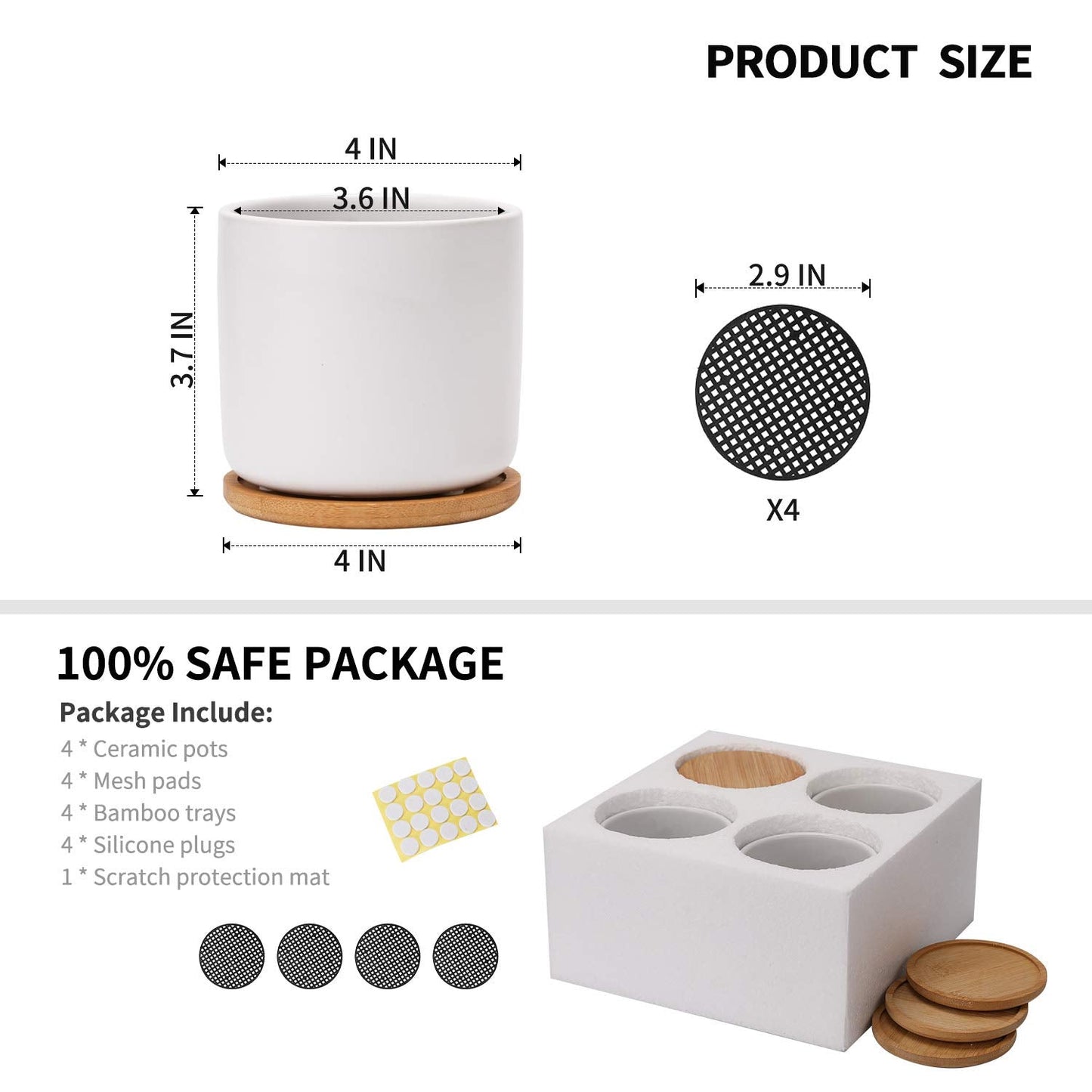 OMAYKEY 4 Inch Ceramic Plant Pot with Saucer, White Planters Pots with Drainage Hole and Mesh Pads for Succulent, Snake, Cactus, Herbs - 4 Packs(Plant Not Included)