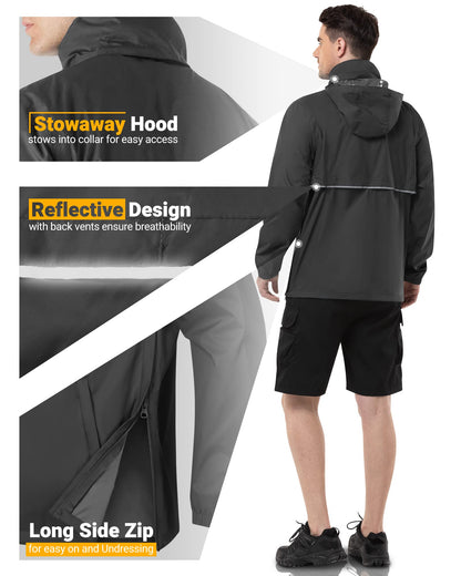 Outdoor Ventures Rain Jacket for Men Waterproof Pullover Lightweight Hooded Outdoor Raincoat Packaway Breathable Reflective Anorak Jacket for Travelling, Camping, Running, Hiking, Black L
