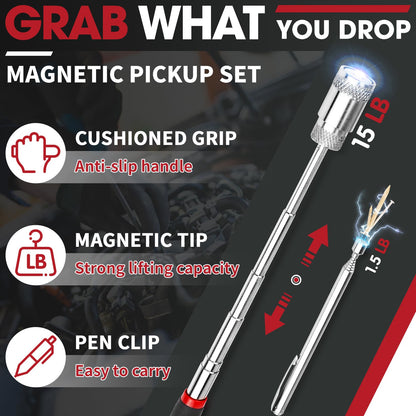 DIYSELF Magnetic Pickup Tool, Telescoping Magnet Stick, LED Flashlight, Flexible Magnetic Pickup Tool, Extendable Magnet Tool for Mechanics, Auto, Inspection Mirror, Cool Gadgets for Men, Gift for Him