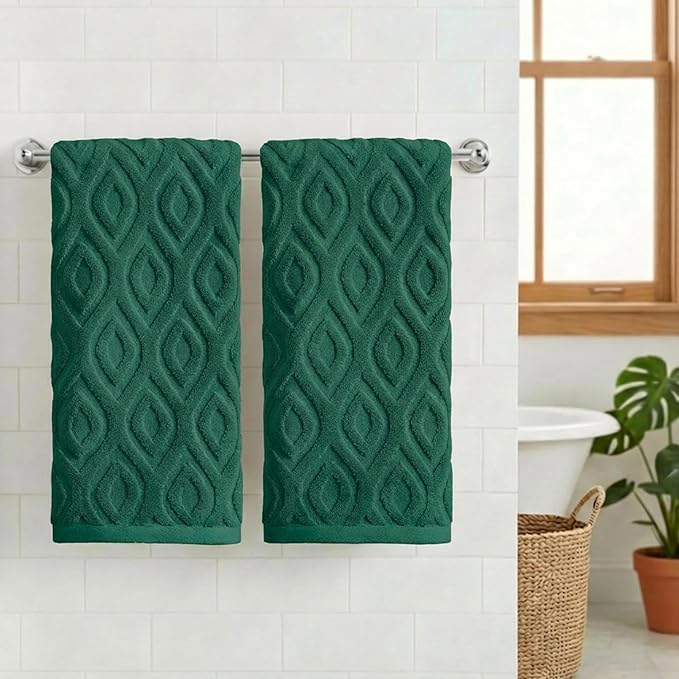 Artoid Mode 2 Pcs Dark Green 3D Diamond Grid Jacquard Hand Towels