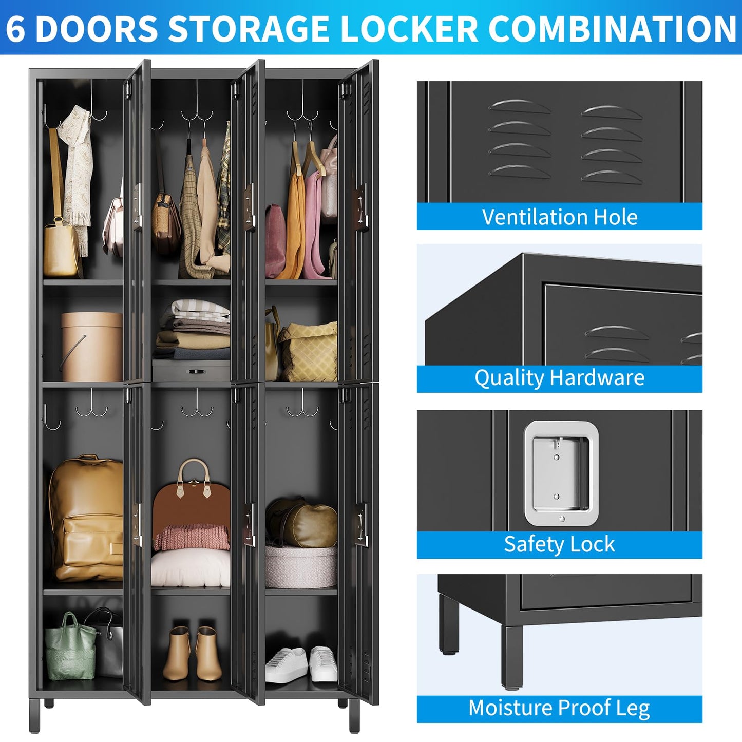 72" Industrial-Grade 9-Door Steel Storage System - 9 Shelves + 29 Multi-Purpose Hooks, Modular Locker Cabinet for Warehouse/School/Home Gym (Reinforced Steel Frame + Anti-Slip Base Plates) - Black