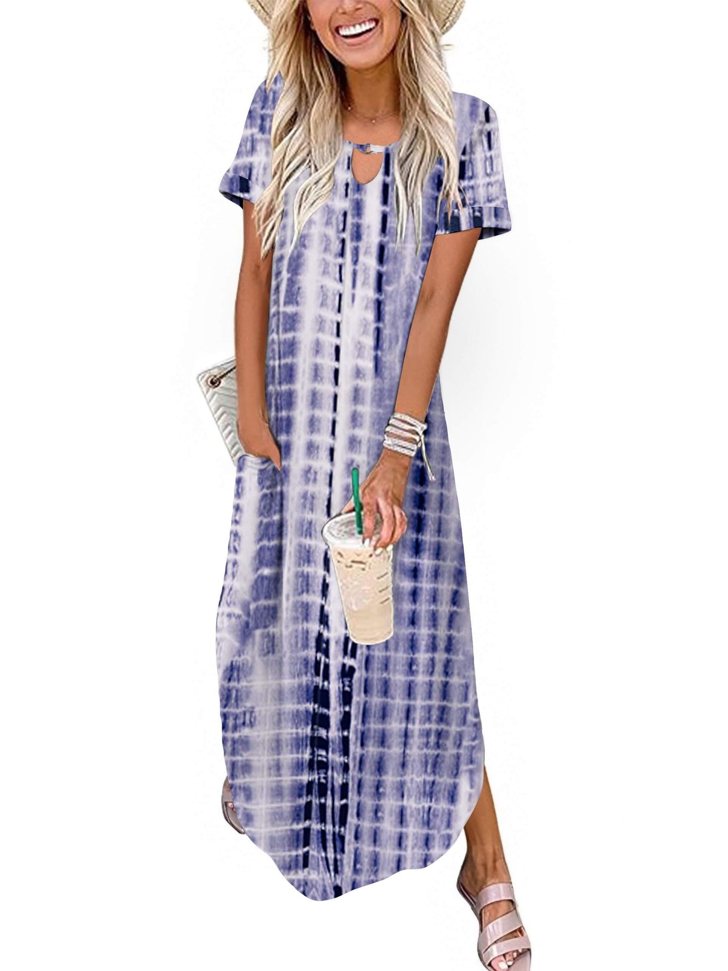 Zeagoo Womens Maxi Summer Dress with Pockets Casual Short Sleeve Sundress Trendy 2025 Curve Hem Long Dresss