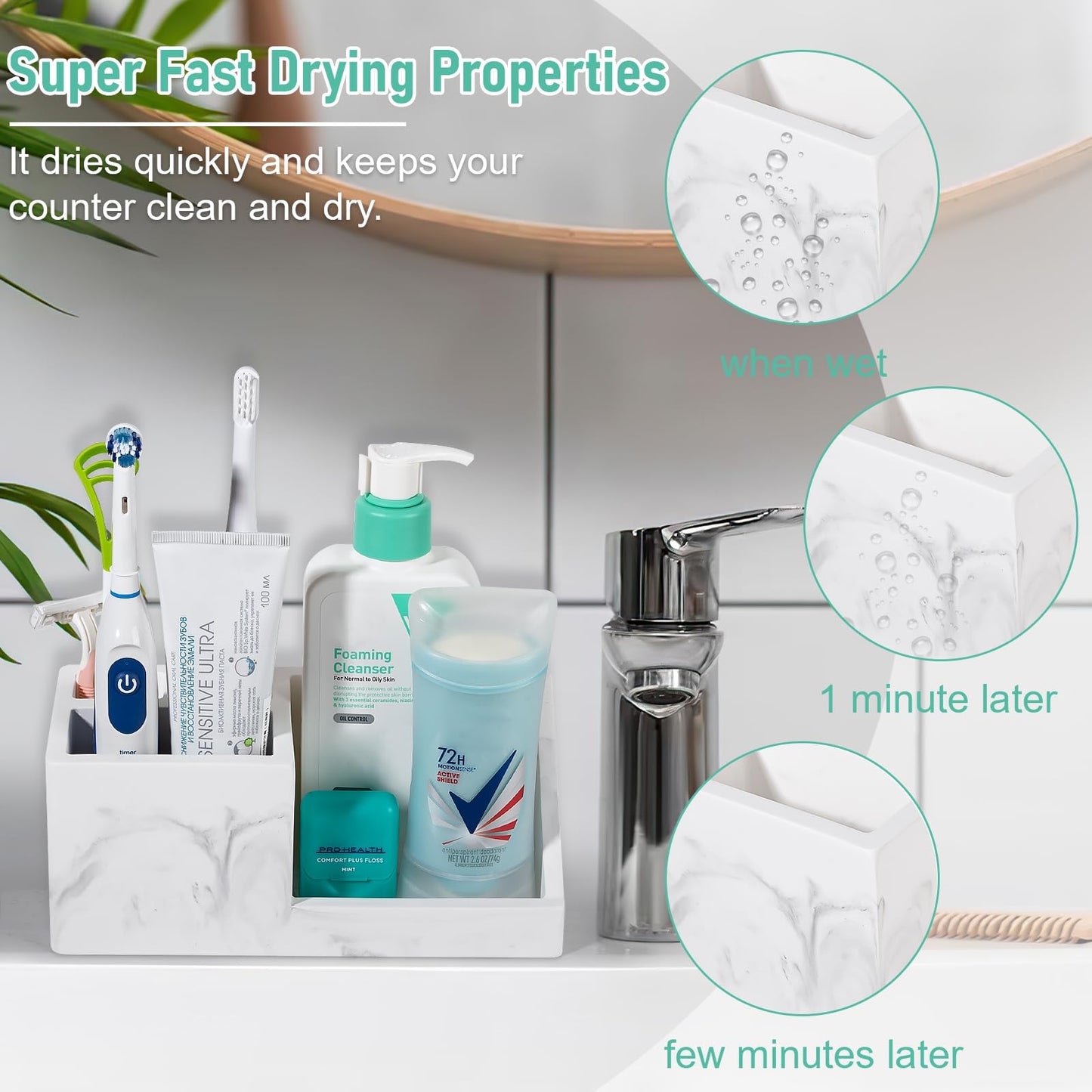 Diatomite Toothbrush Holders for Bathrooms, Quick Dry Electric Tooth Brush and Toothpaste Organizer Bathroom Accessories for Countertop, Vanity, Sink - Marble White