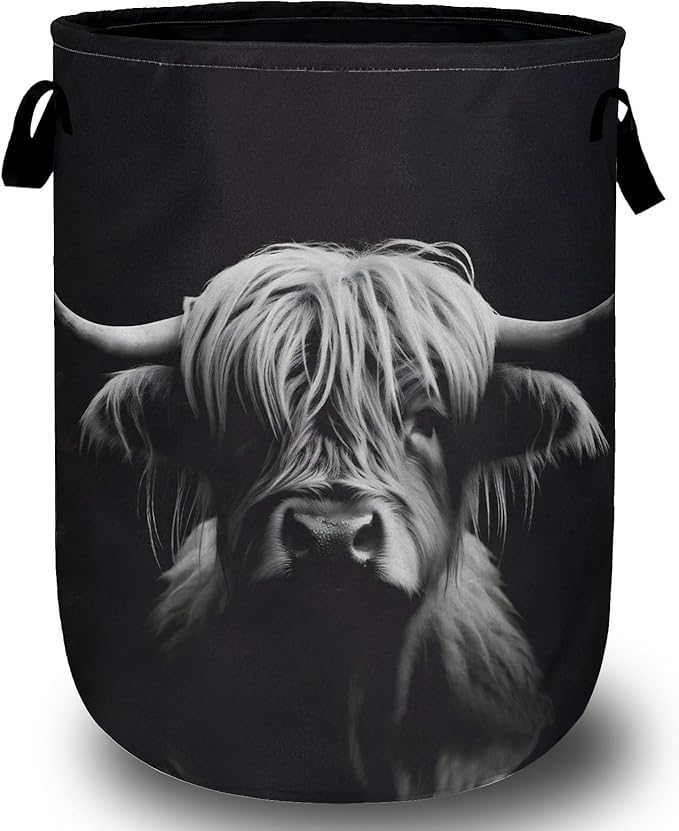 Highland Cow Laundry Basket, Foldable Waterproof Black Laundry Hamper Tote Bag