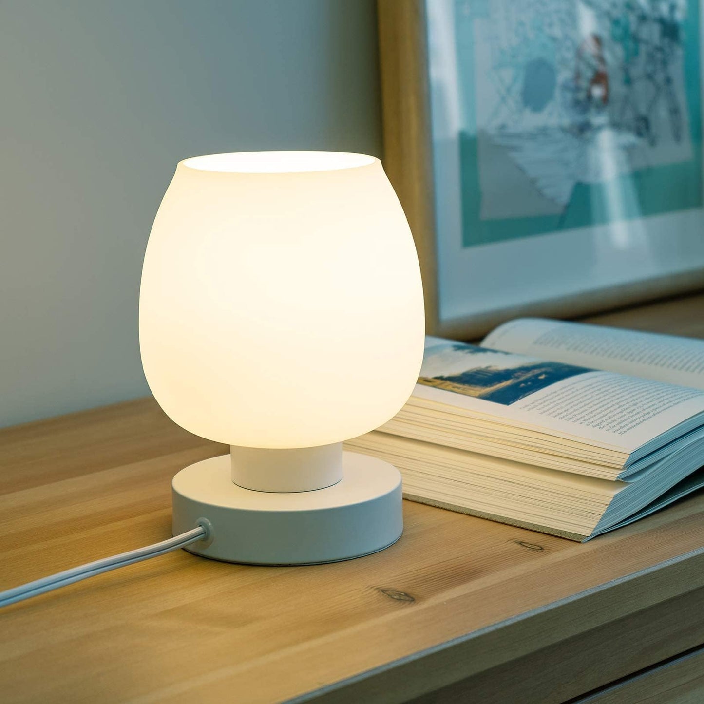 ONEWISH Modern Small Table Lamp - White Opal Glass Shade, Warm LED Bulb, 3-Way Dimmable, Touch Control, Indoor Use Only