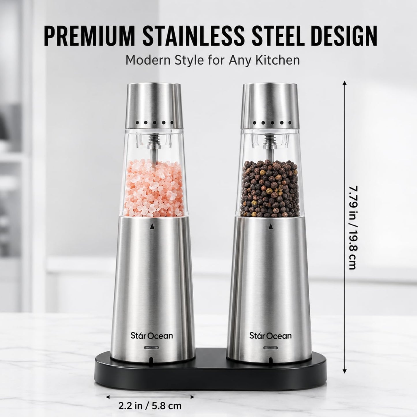 StarOcean Rechargeable Electric Salt and Pepper Grinder Set with USB-C Charging Base, Stainless Steel Automatic Gravity Grinders, 5 Adjustable Coarseness, Kitchen Gift