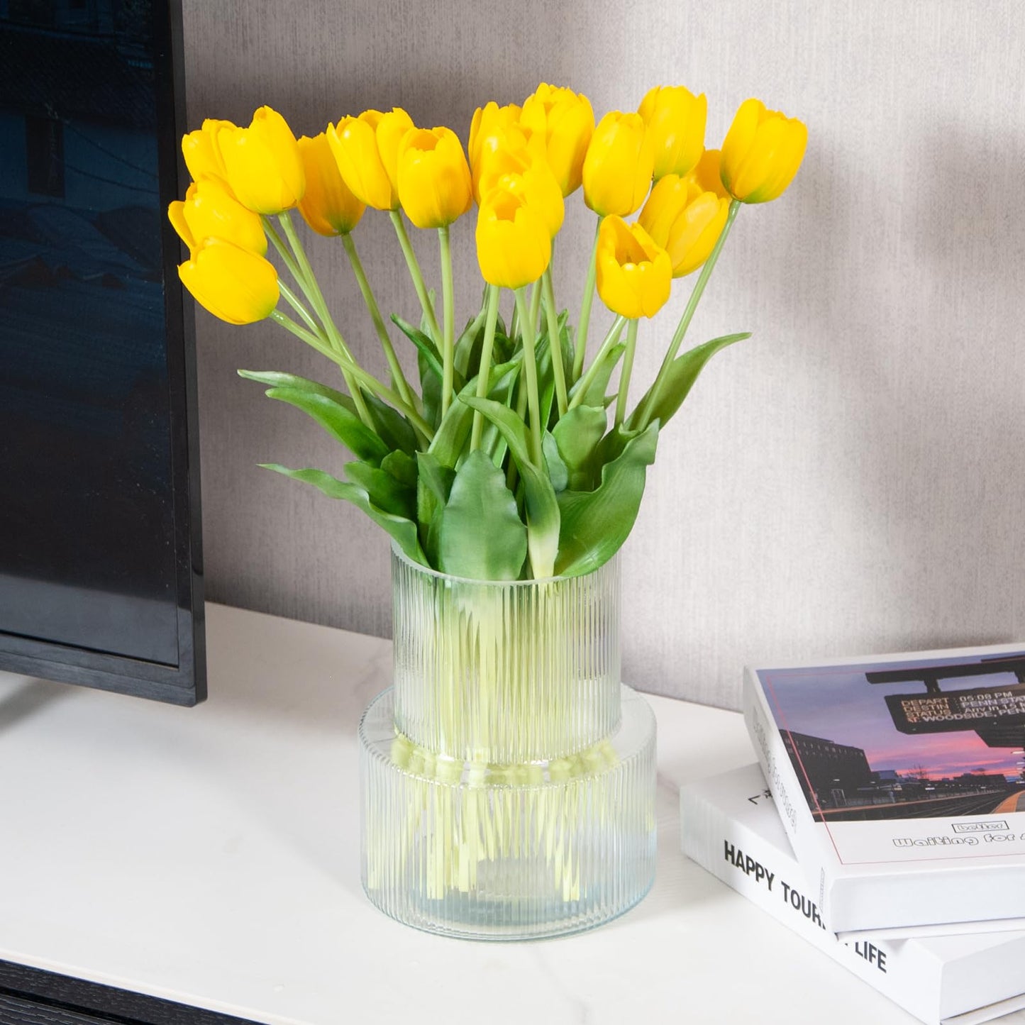20 Pcs Real Touch Artificial Tulips with Vase, Large Faux Flower Arrangement in Heavy Fluted Glass, Bouquet for Dining Table Centerpiece, Home Office, Spring Decor, Set with Dust Bag (Yellow)