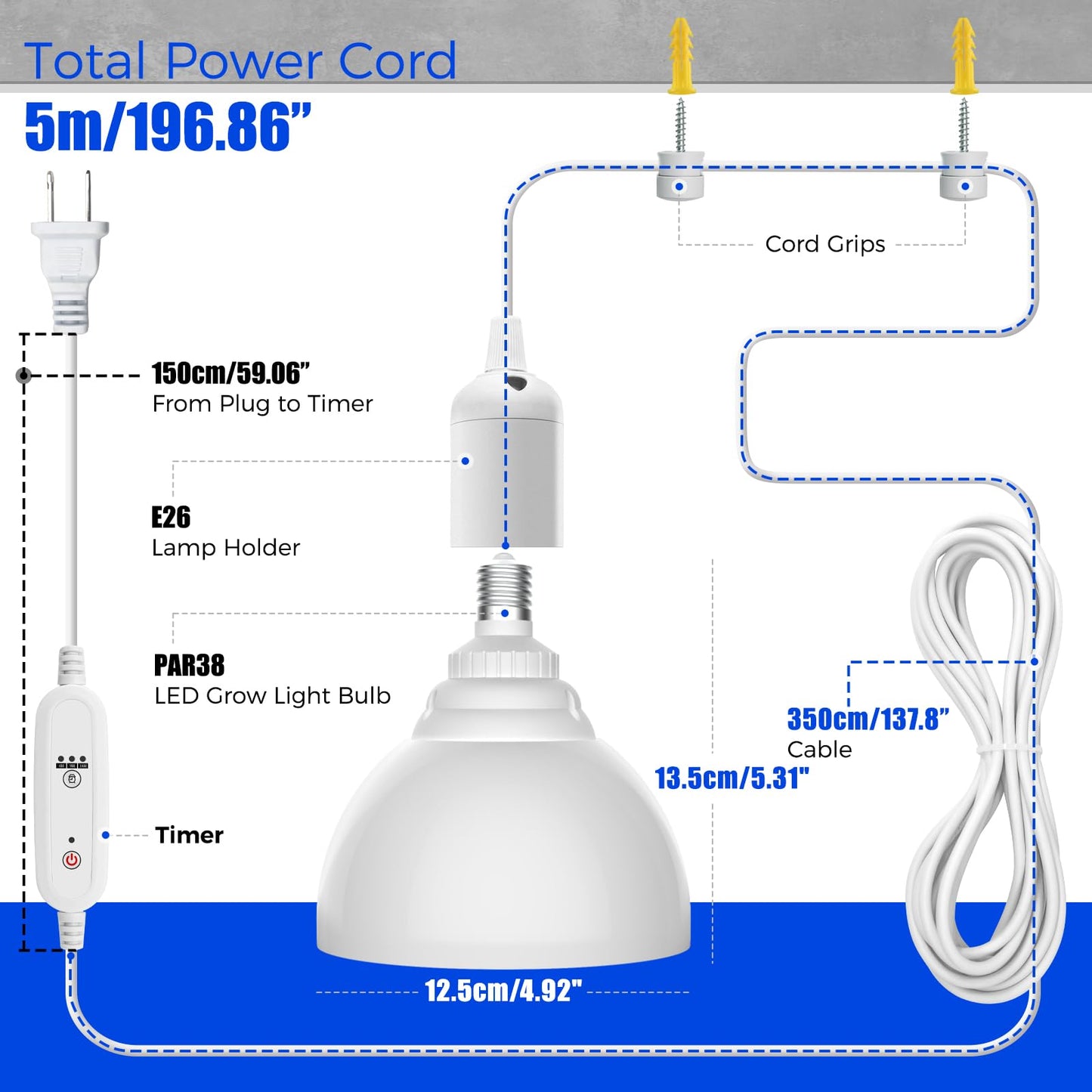 Barrina Hanging Grow Lights for Indoor Plants, 25W Full Spectrum, with Timer and 16.4FT Power Cord, Pendant Plant Lights for Indoor Growing, Large Tall Plant, Garden, Flowers, Greenhouse