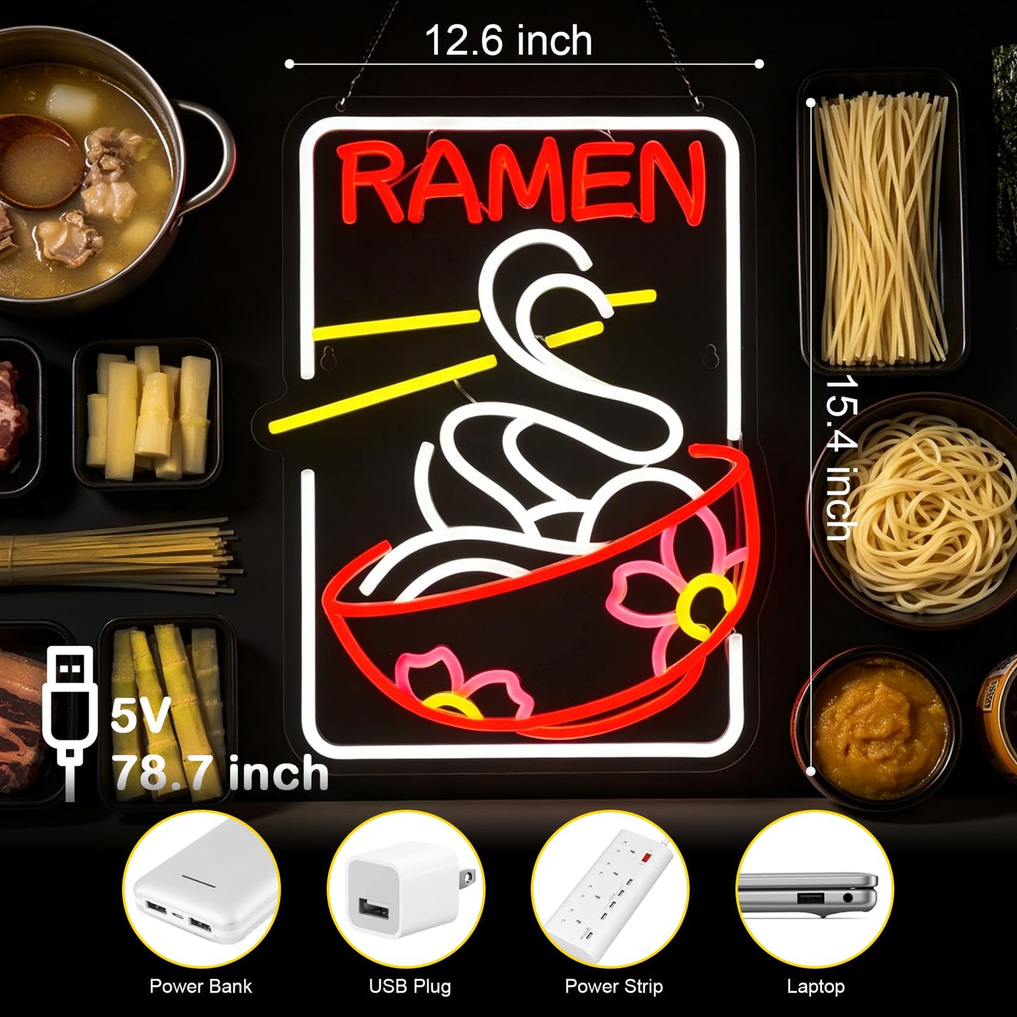 Ramen Neon Sign Sakura Ramen Neon Sign for Wall Decor Japanese Noodle USB Dimmable Neon Light Sign for Kitchen Restaurant Home Pub Party Man Cave Club Shops Hotel Store Business Gift