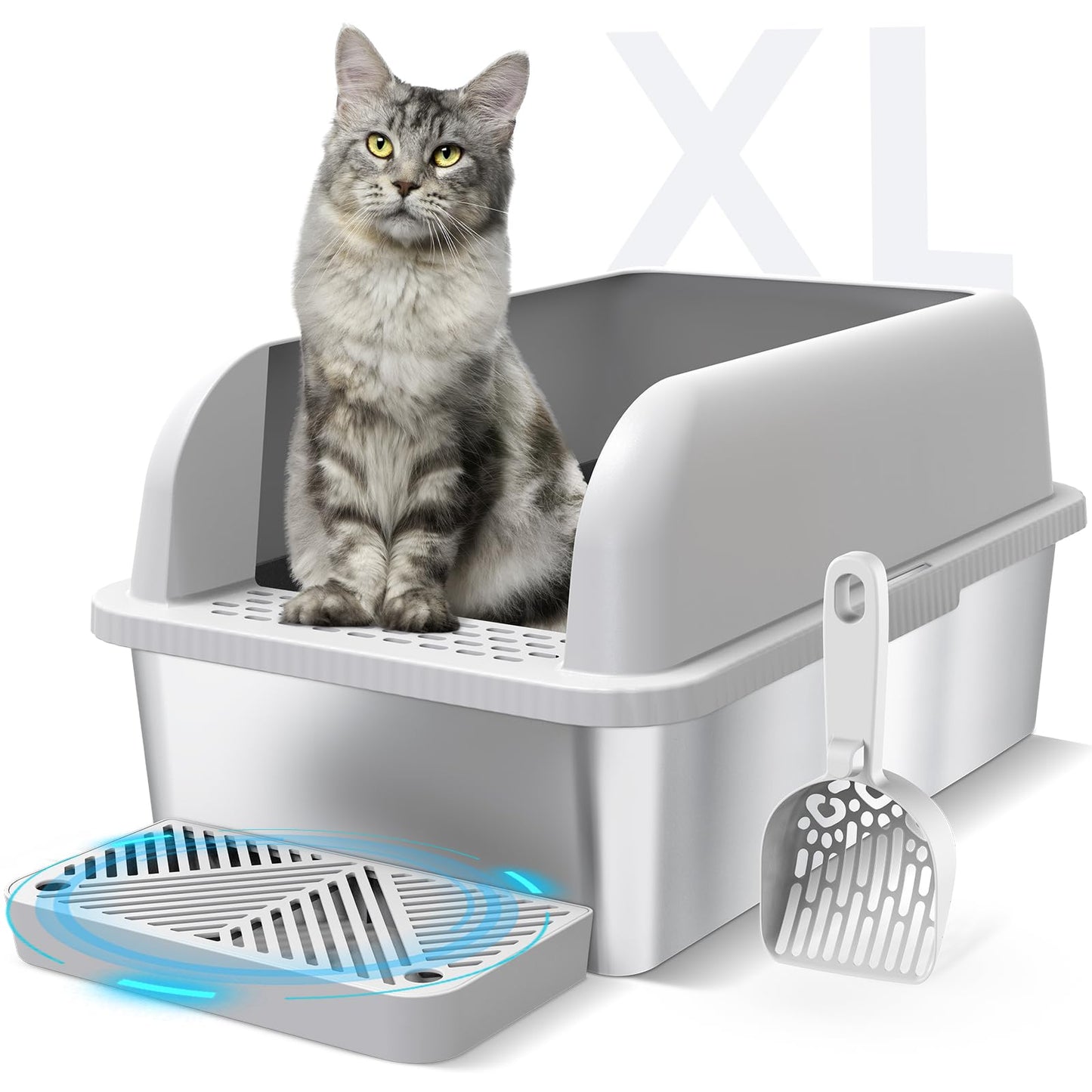 Suzzipaws Enclosed Stainless Steel Cat Litter Box with Lid Extra Large Litter Box for Big Cats XL Metal Litter Pan Tray with High Wall Sides Enclosure, Non-Sticky, Anti-Leakage, Easy Cleaning