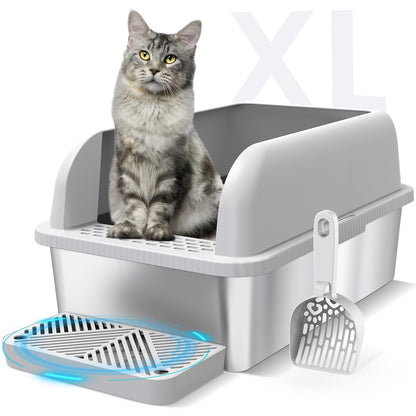 Suzzipaws Enclosed Stainless Steel Cat Litter Box with Lid Extra Large Litter Box for Big Cats XL Metal Litter Pan Tray with High Wall Sides Enclosure, Non-Sticky, Anti-Leakage, Easy Cleaning